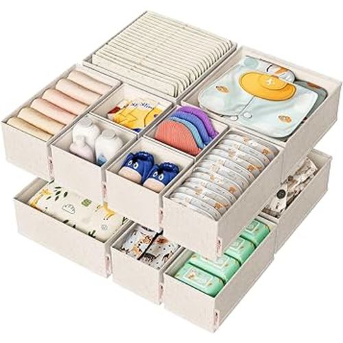 Cotton Linen Drawer Organizer for Baby Clothes, 12Pack Multi-Size Nursery Dresser Dividers for Clothes, Premium Foldable Storage Bins for Bedroom, Closet and Diaper Table, Beige