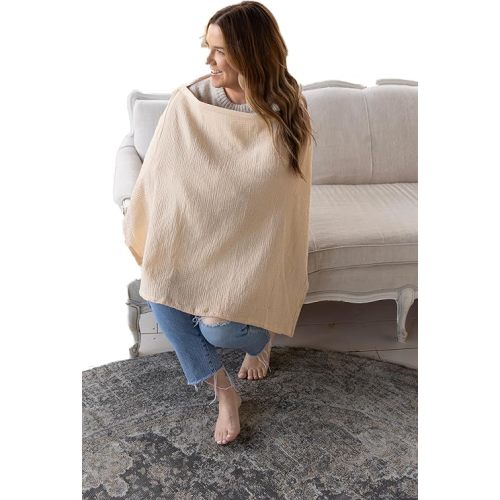 ACTIVE BABY Muslin Nursing Cover for Breastfeeding mom with Adjustable Hoop for Hand Free Breathable Nursing Cover up |100% Muslin Cotton Light Weight Breastfeeding Cover wrap Shawl Scarf (Beige)