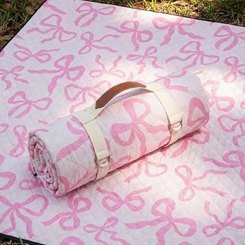 Pink Bow Picnic Blanket 80'' x 80'' Waterproof Extra Large Camping Blanket Coquette Picnic Mat Foldable Portable Preppy Outdoor Beach Mat with Carry Strap for Outdoor Grass Lawn Park
