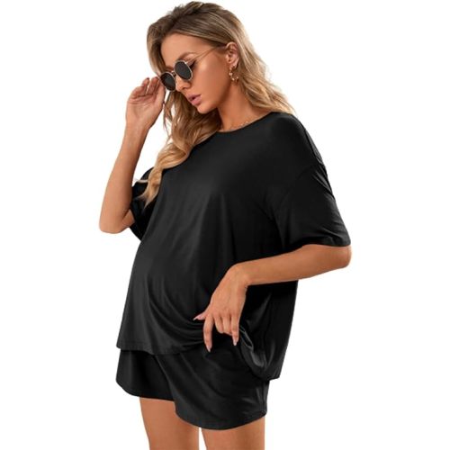 Verdusa Women's Maternity Pajama Set 2 Piece Drop Shoulder Top and Short Lounge Sets