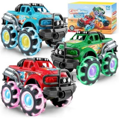 Joyfy 3PCS Monster Friction-Powered Truck Toy, Light-Up Toy Truck with Flashing LED Wheel, Easter Birthday Gift for Toddlers Boys Girls Ages 2 3 4 5 6