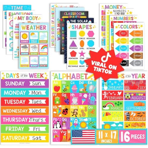 Hadley Designs 16 Educational Posters for Classroom Must Haves - Laminated Pre-K Posters for Toddler Homeschool Essentials, Toddler & Preschool Learning Activities, Kindergarten Classroom Decor