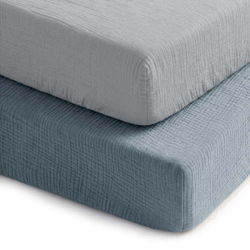 Comfy Cubs Muslin Crib Sheet, 100% Muslin Cotton Sheets for Standard Crib - 2 Pack, Pacific Blue and Heather