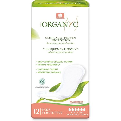 Organyc Hospital Postpartum Pads, 100% Certified Organic Cotton Inside and Out for Women, for First Days After Delivery, 12 Counts