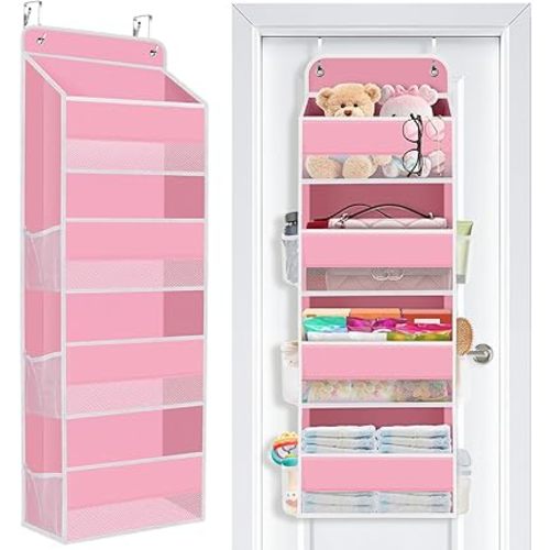 SpaceWhisper Over the Door Organizer, 4 Large Pocket Hanging Storage Organizer with 40lb Capacity, Space Saving for Nursery, Bathroom, Bedroom, Closet - Baby Essentials & Toiletry Organizer (Pink)