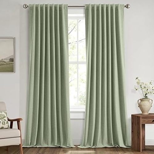 MIULEE 100% Blackout Linen Curtains for Bedroom, Sage Green Solid Luxury Decor Thermal Insulation Room Darkening Drapes for Living Room Nursery Back Tab Rod Pocket 42 x 96 Inches, 2 Panels