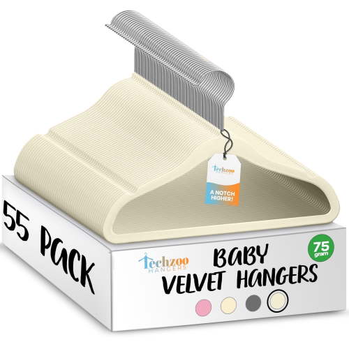 Techzoo Premium Baby Velvet Hangers 55 Pack – 11.8" Non Slip Felt Cloth Hangers for Closet – Ultra Slim, Space Saving Baby Clothes Hangers with 360° Swivel Hook Infant Hangers – Ivory