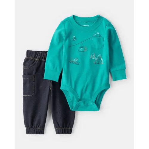 Baby Boy 2-Piece Skiing Print Long-Sleeve Bodysuit & Pant Set - Blue | Carter's