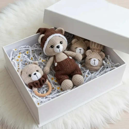Handmade Crochet Newborn Teddy Bear Gift Set (3pc) – Pom-Pom Hat, Baby Shower Gift