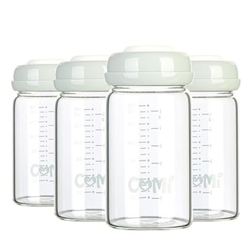 COMI Wide Neck Glass Breastmilk Collection n Storage Bottle, 4 Packs, 6oz with Screw Ring Sealing Disk; Re-markable Sealing Disc. BPA Free, Fits Breast Pumps & Nipples (4 Gray Lids) | Wide Neck, 4 Packs, BPA Free