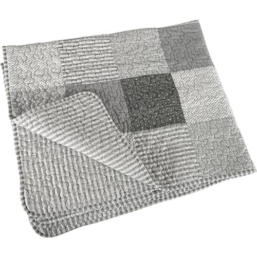 Stephan Baby Heirloom-Quality Pieced Crib Quilt, Gray and White Stripes and Dots with Straight Hem