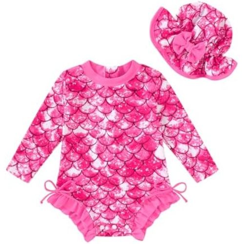 Infant Baby Swimsuit Girl Long Sleeve UPF 50+ Sun Protection One-Piece Rash Guard with Hat Zipper Bathing Suit