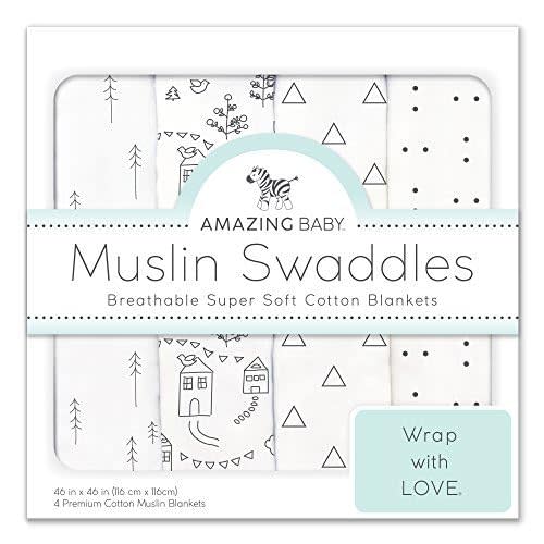 Amazing Baby Muslin Swaddle Blanket for Baby Boy & Girl, Receiving Blanket for Newborn, 100% Cotton Swaddle Wrap, Baby Registry & Gift, XLarge 46 x 46 inches, Set of 4, Little Village and Trees, Black