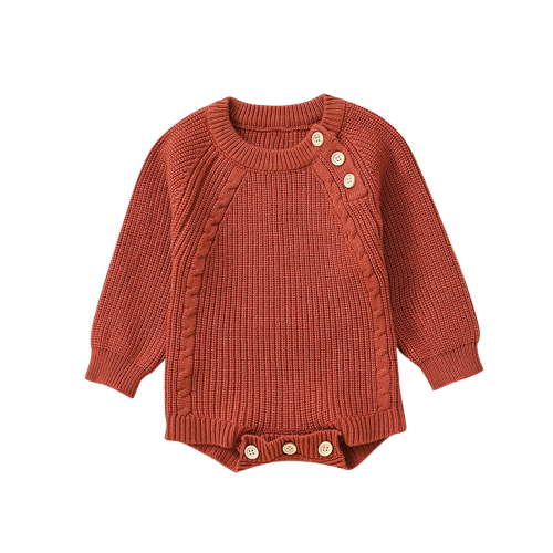 Dealovy Infant Baby Clothes Newborn Solid Color Knitted Romper Unisex Crewneck Long Sleeve Button Onesie Kids Warm Jumpsuits