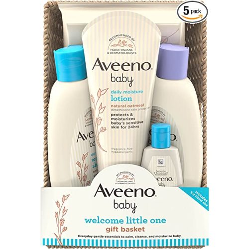 Aveeno Baby Welcome Little One Gift Basket, Baby Skincare Set with Baby Body Wash & Shampoo, Calming Bath Wash, All Over Baby Wipes, & Daily Moisturizing Lotion, 5 Items