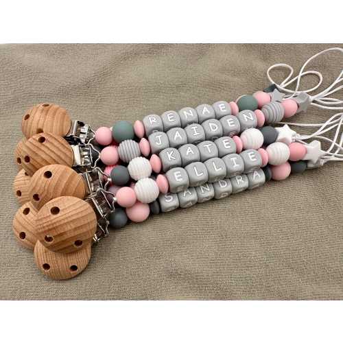 Personalized Pacifier Clip – Pink Models, BPA-Free Silicone Beads, 3rd Party Safety Tested, Baby Shower Gift, Pacifier Holder