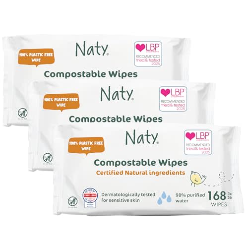 Naty Baby Wipes | 98% Water, Hypoallergenic & Natural for Sensitive Skin | Unscented, Plant-Based, Fragrance-Free | Plastic-Free & Compostable | Newborn & Toddler Diaper Wipes | 168 Count (3 Packs)