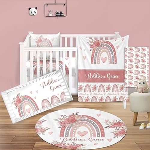 Custom Baby Crib Bedding Set - 5 Piece Nursery Crib Set Balls & Rainbow Design - Personalized Name Baby Blanket, Crib Fitted Sheet, Changing Pad Cover, Pillow Cover, Rug for Newborns Rainbow08