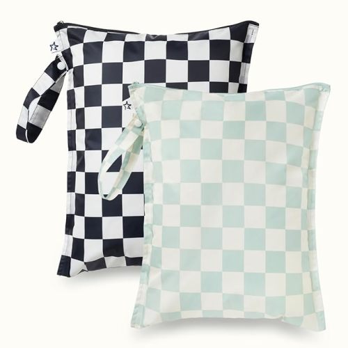 Tiny Twinkle Mess Proof Wet Bags | 2-Pack Reusable Waterproof Wet Bags for Swimsuits | Baby Clothes | Travel & Diaper Bag (Black, Green Checkers)