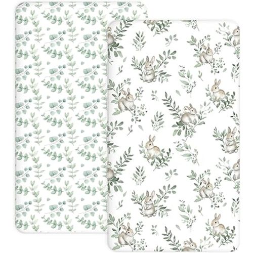 Pack and Play Sheets 2 Pack, Fitted Jersey Knit Mini Crib Sheets for Baby Boys and Girls, Compatible with Graco Pack N Play and Mini Crib Mattress (Bunny Meadow, Pack N Play/Mini Crib Sheets)