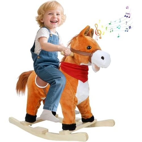 Plush Kids Rocking Horse, Wooden Base Rocking Horses Ages 1-6 with Handle Grip, Sounds, Moving Mouth, Wagging Tail, 110 Lbs Weight Capacity(Light Brown, Small)