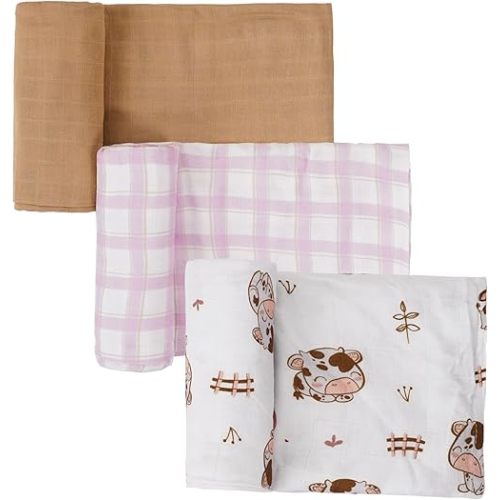 Muslin Swaddle Blankets 3-Pack Pink Plaid 47" x 43" 70% Rayon Derived from Bamboo 30% Cotton
