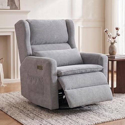 Power Recliner Chair Swivel Glider, Oversized Swivel Rocker Recliner with Adjustable Headrest, Chenille Glider Recliner Nursery Chair with Overstuffed Lumbar Support, USB Ports,Grey