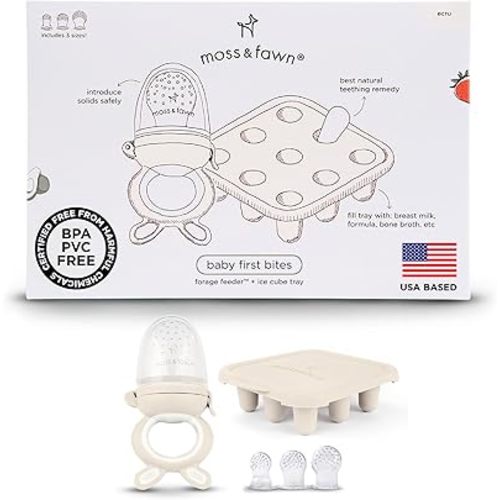 Moss and Fawn Baby's First Bites Bundle - Silicone Frozen Breast Milk Popsicle Kit with Forage Feeder & Teething Popsicle Ice Cube Tray - BPA, PVC, & Lead-Free - Ecru