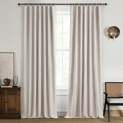 Natural Linen Blackout 92 Inch Bedroom Curtains 2 Panel Sets, Rustic Boho Cream Pleated Ceiling Track Curtain for Dining Room Heat Blocking Privacy Heavy Drape 92 Inches Long Oatmeal Back Tab