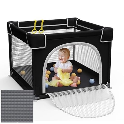 Grobeybees Baby Playpen with Mat, Playard for Toddlers, Small Playpen with Pad, Indoor & Outdoor Play Yard, Sturdy Safety Baby Play Yard (Black, 36x36 inches)