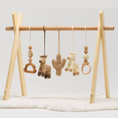 Handmade Wooden Baby Gym: Crochet Horse & Cactus Toys