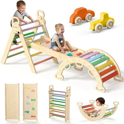 BlueWood Pikler Triangle Set 7in1 Foldable Baby Climbing Toys Wooden Montessori Climbing Set with Arch&Ramp&Ladder Baby Climber Indoor Jungle Gyms for Toddlers Montessori Toys- Rainbow