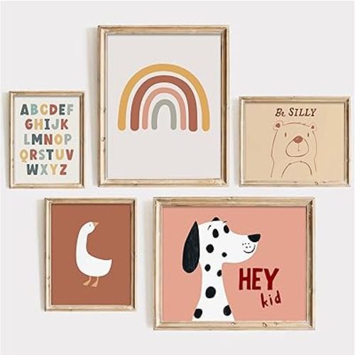 YFTTRYZ 5Pcs Vintage Nursery Wall Art Letter Rainbow Posters Cute Bear Pictures Children Room Wall Decor Animal dog Painting Print Kids Funny Quotes for Girls Room Bedroom Playroom Unframed