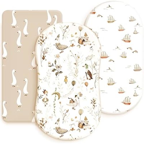 GRSSDER Stretchy Ultra Soft Fitted Bassinet Sheets 3 Pack, Universal Fitted for Oval Rectangle Bassinet Mattresses Safe and Snug, Stylish Bassinet Sheet Gender-Neutral Print for Baby