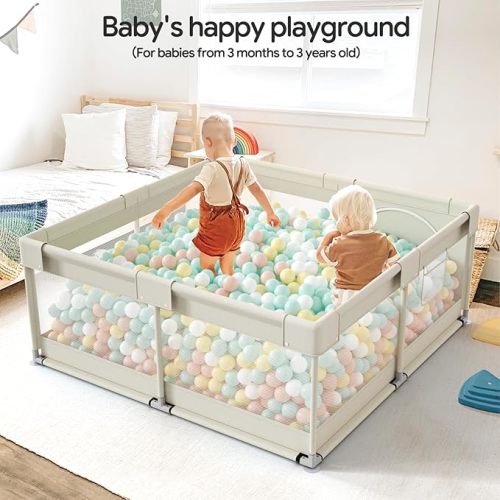 Fodoss Baby Playpen, Upgrade Playpen for Babies and Toddlers, 47x47inch Beige Play Pen for Babies with Hand Pulling Ring, Play Pen Center for Kids,Baby Fence,Kids Playards