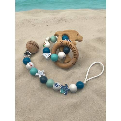 Personalized Beechwood Baby Rattle and Pacifier Clip: Ocean Theme