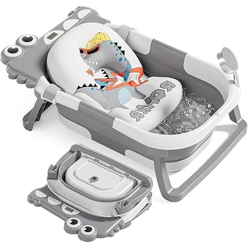 TPN Collapsible Baby Bathtub, Baby Bath Tub with Soft Cushion & Real-Time Thermometer, Baby Bathtub Infant to Toddler Tub (0-36 Months), Portable Travel Baby Tubs for Newborns (Grey)