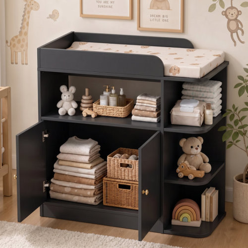 Trinx Changing Table Dresser for Nursery, Baby Diaper Changing Station with Large Cabinet, 4 Open Shelves & Crystal Knobs (Changing Top Included, Pad Excluded) | Wayfair