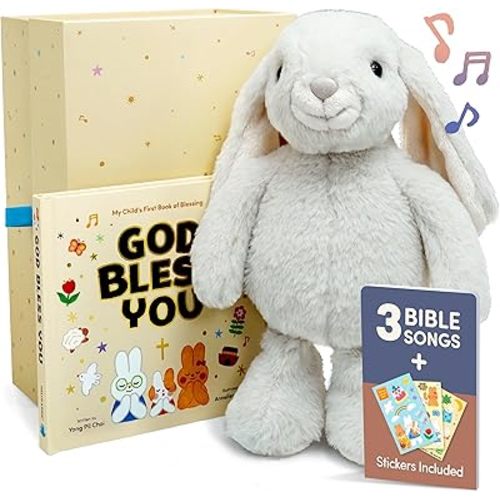 Praise Bunny Gift Set - 11” Musical Plush Toy with 3 Bible Songs, Hardcover Book, Keepsake Box & Stickers - Christening and Baptism Gift for Girls, Boys, Infants, Toddler, Babies - Easter & Dedication