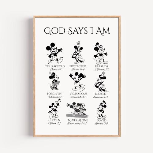 Classic Mickey Mouse Wall Art, God Says I AM Biblical Affirmations, Christian Nursery Decor, Inspirational Scripture Print, Kid's Room