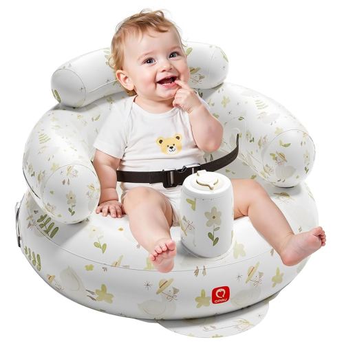 QPAU Inflatable Baby Floor Seat with Safety Harness, Baby Chair for Sitting Up (3 Months & Up), Portable Blow Up Baby Stuff for Infants with Built-in Pump (Flowers)