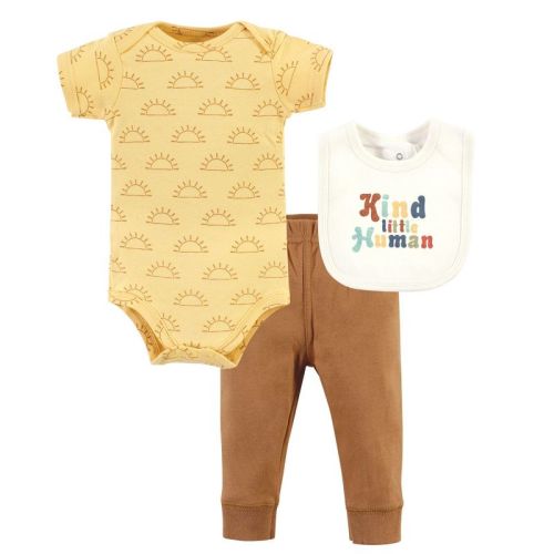 Hudson Baby Infant Cotton Bodysuit, Pant and Bib Set, Kind Human, 6-9 Months