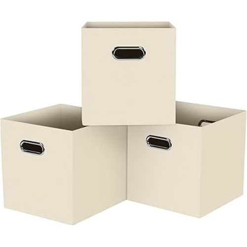 Black Foldable Storage Cubes Bins, Fabric Storage Box Cubes Organizer Baskets with Dual Handles for Home Organizer,Set of 3,(Creamy-White)