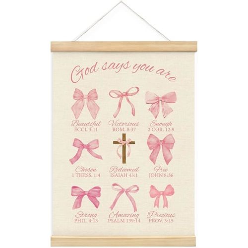 MOFUYU Christian Wall Decor,Coquette Pink Bow Poster Hanger Frame,Preppy Room Decor for Girls Bedroom Dorm Home Apartment,God Says You Are 12x16 Inch