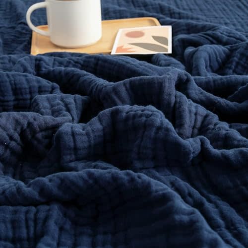 EMME Muslin Blankets for Adults Throw Blanket for Couch Breathable Gauze Soft Lightweight Airy Navy Throw XL 50" x 71"