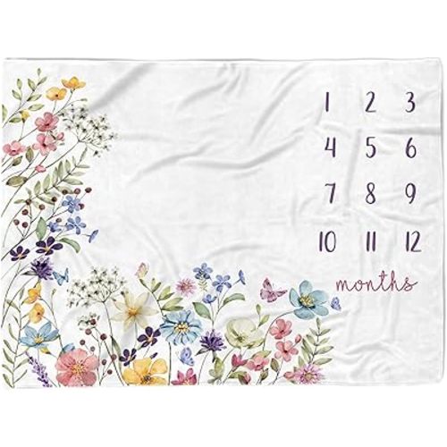 Baby Monthly Milestone Blanket for Girls, 40"x50" Wildflower Newborn Photo Props, 12 Month Growth Chart