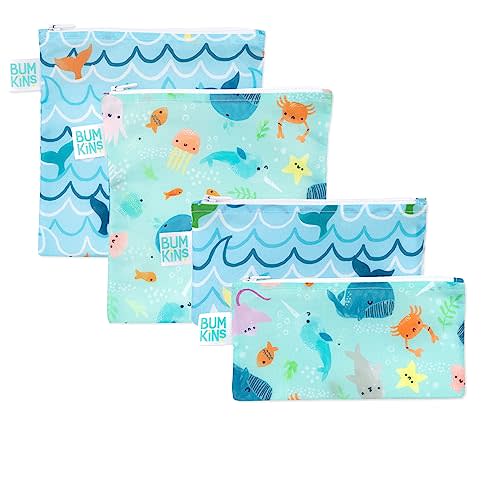 Bumkins Reusable Sandwich and Snack Bags, for Kids School Lunch and for Adults Portion, Washable Fabric, Waterproof Cloth Zip Bag, Travel Pouch, Food-Safe Storage, 4-pack, Ocean Life