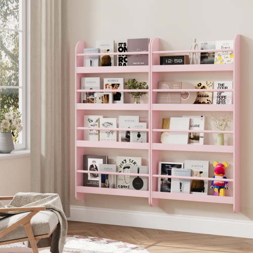 Homfa 4-Tier Wall Bookshelf Set of 2, 43.7"H Wall-Mounted Kids Bookshelf, Book Storage Rack for Kids Room, Pink