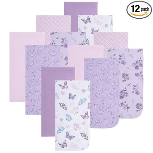 EVERYDAY KIDS 12 Pack Burp Cloths for Baby Girl; Newborn Essential with - Large Absorbent Cotton Flannel Purple/Pink Burping Cloths for Babies with Butterfly, Floral and Rainbow Prints and Solids
