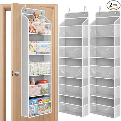 JARLINK 2 Pack Toy Stuffed Animal Storage, Over The Door Organizer W/Clear View Windows, 44lb Load, Baby Toy Storage Organizer for Nursery, Kid Bedroom, Newborn Baby Essentials (Light Grey)